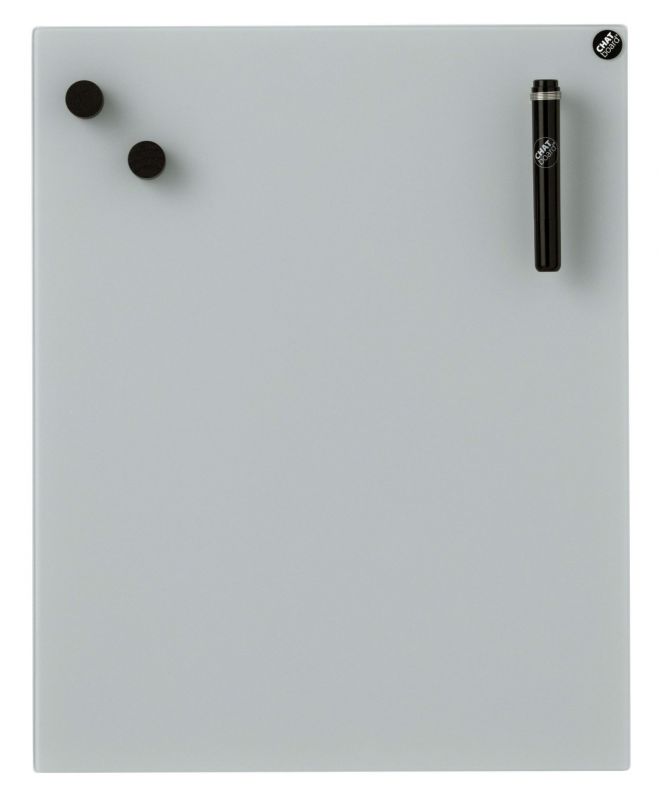 Chat Board Glastafel in Grau mit Magneten und Stift, magnetische Wandtafel für Büro.